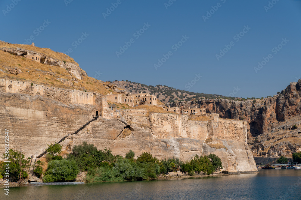 Abandoned stone houses on cliffs near the Euphrates River, Halfeti, Sanliurfa Province of Turkey