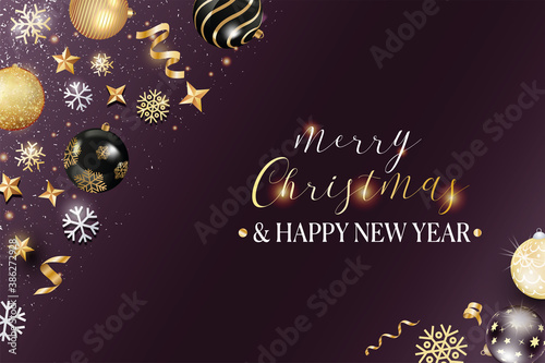 card or banner on "merry christmas and happy new year" in gold with baubles, streamers, stars, snowflakes and glitter in black and white gold color on a dark purple background in gradient © emmanuel