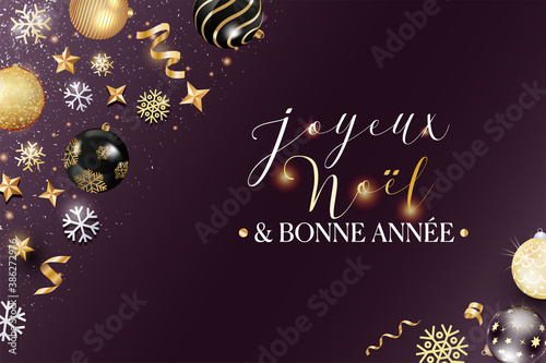 carte ou bandeau sur "joyeux Noël et bonne année"  en or avec des boules, serpentins, étoiles, flocons et paillettes de couleur or noir et blanc sur une fond violet foncé en dégradé © emmanuel