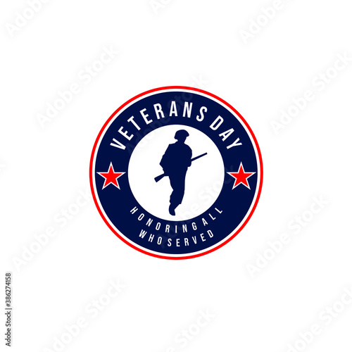 Vector illustration of soldier silhouette in circle shield with stars and text veterans day isolated on white background perfect for Veterans Day commemoration logo