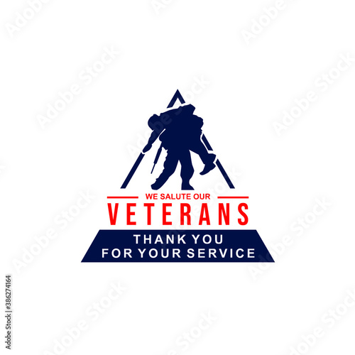 Vector illustration of soldier silhouette in blue triangle with text we salute our veterans isolated on white background perfect for Veterans Day commemoration logo