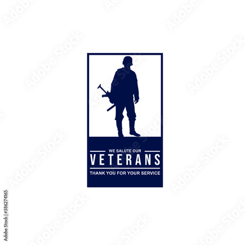Soldier silhouette in blue square box vector illustration with text we salute our veterans isolated on white background perfect for Veterans Day commemoration logo