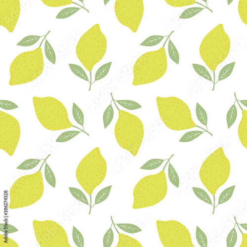 Hand drawn colorful seamless pattern of hand drawn lemons and leaves. Scandinavian design style. Perfect for textile manufacturing wallpaper posters etc. Vector illustration