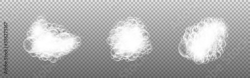 Foam bubbles set. Shampoo suds isolated on transparent background. Realistic bath lather collection. White soap bubbles for advertisement, poster, banner. Vector illustration