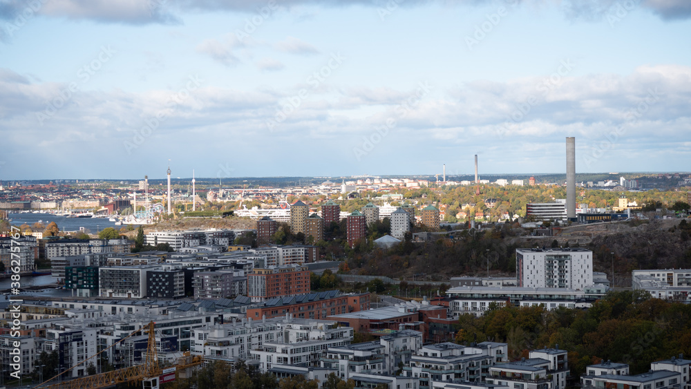 Stockholm,  Sweden - 2020.10.18: Birdseye view of the Södermalm municipality and other surrounding districts in southern Stockholm. Photo taken on top of ski slope Hammarbybacken. 