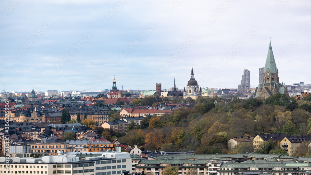 Stockholm,  Sweden - 2020.10.18: Birdseye view of the Södermalm municipality in Stockholm. Was shot on top of Hammarbybacken. 