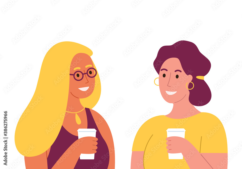Girls drinking coffee and talking. Female friends holding coffee glasses. Cute cartoon flat character style, vector illustration Girls drinking coffee and talking. Female friends holding coffee glasses. Cute cartoon flat character style, vector illustration