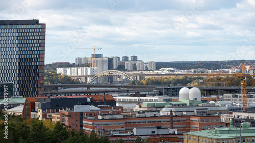 Stockholm, Sweden - 2020.10.18: Birdseye view of the Södermalm municipality and other surrounding districts in southern Stockholm. Photo taken on top of ski slope Hammarbybacken. 