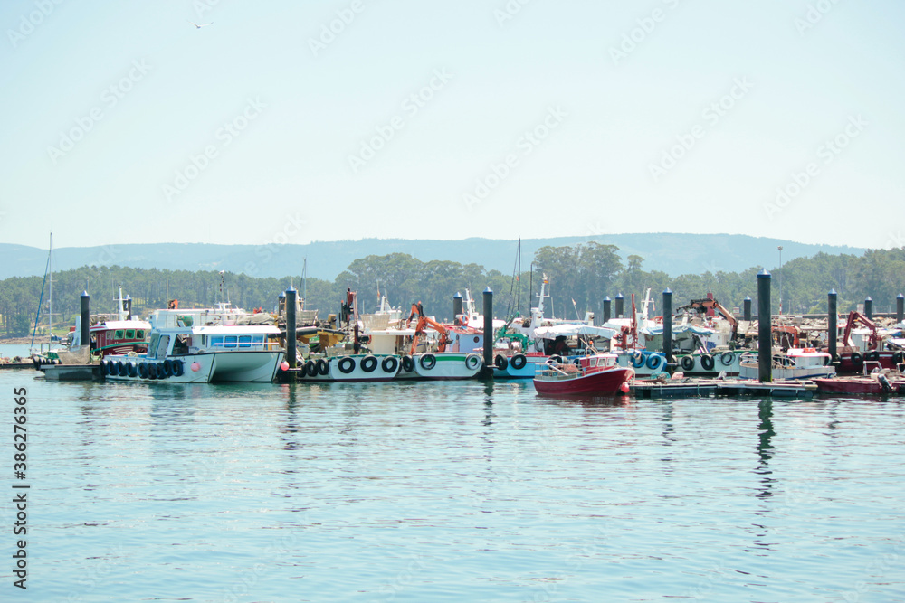 FISHING BOATS AND TOURIST TRANSPORTATION, DOCKED IN THE PORT OF O GROVE, GALICIA, NORTH OF SPAIN, ON THE ATLANTIC COAST