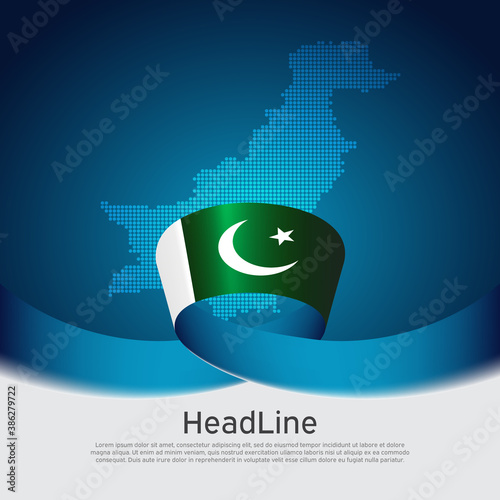 Pakistan flag background. Vector design. Mosaic map, flag of pakistan on blue white background. National poster. State patriotic banner, cover, business flyer