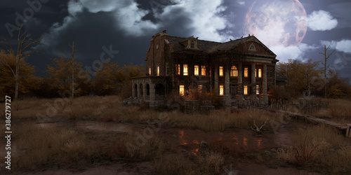 Foto Abandoned haunted house refuge of spirits moonlit night 3d illustration
