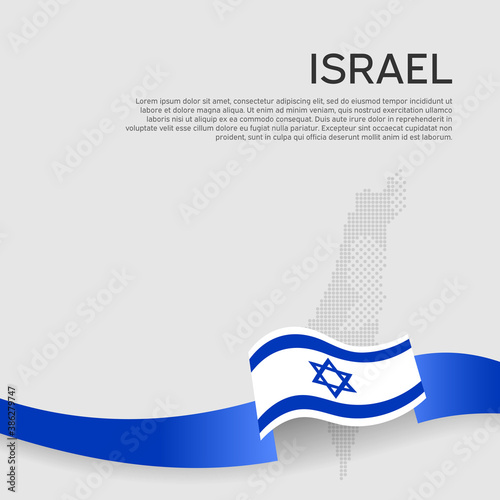 Israel wavy flag and mosaic map on white background. Color wavy ribbons of the flag of israel. National poster. State israeli patriotic flyer, banner. Business booklet. Vector design