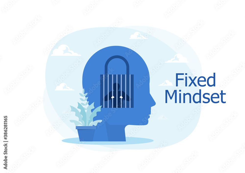 Obraz premium Human in prison with lock Fixed mindset human head silhouette. Negative Thinking Concept.