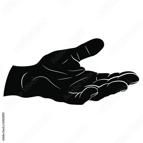 Open human palm. Male hand. Black and white silhouette. 