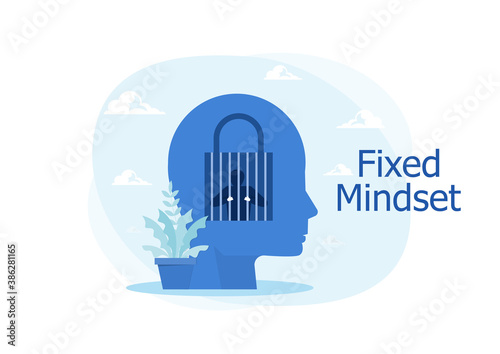 Human in prison with lock Fixed mindset human head silhouette. Negative Thinking Concept.