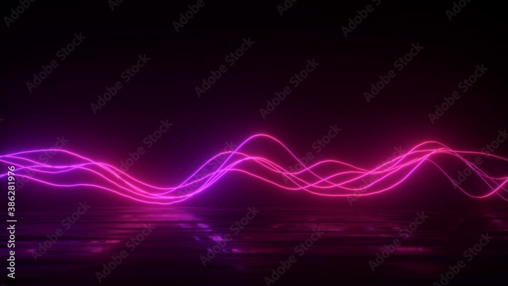 4K Neon waves. Abstract motion background. Loopable soundwaves visualization. Motion design. Glowing lines. Reflection on floor.