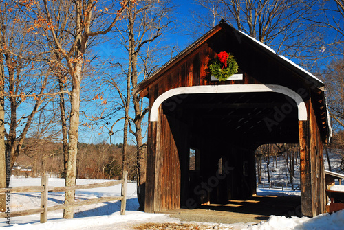Mr Williams Bridge, a historic covered bridge in Grafton, Vermont, is decorated for the Chrstmas season