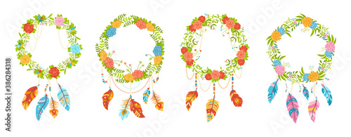 Floral wreath with feathers, boho style cartoon set. Colorful flowers, dreamcatcher and bird feathers, talisman sweet dream. Native American indian design, space for text. Vector ethnic bohemian style