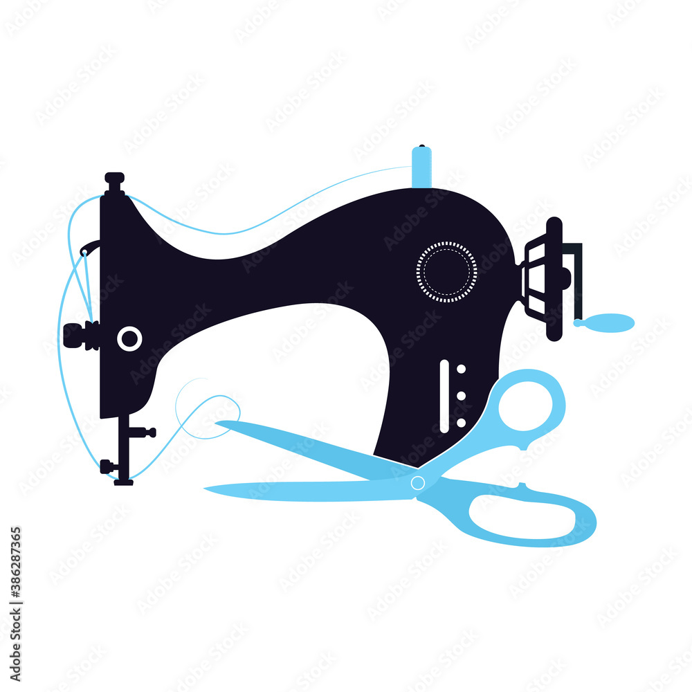 Sewing machine and scissors silhouette for sewing. Vintage stitching machine  icon for web design isolated on white background. Stock Vector