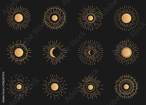 Obraz na plátně Golden set of radiant sun and moon