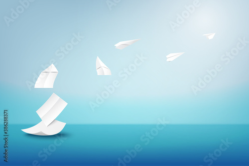 Creative paper artwork with white origami paper airplane.Paper art of Imagination for education, idea and business concept.