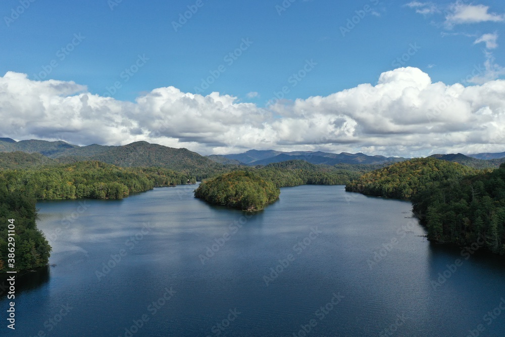 Aerial view of Lake Santeetlah, North Carolina and surrounding national forests in autumn color. Aerial view of Lake Santeetlah, North Carolina and surrounding national forests in autumn color.
