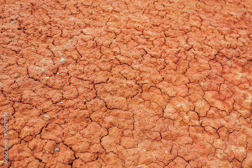 Nature background of cracked dry lands. Natural texture of soil with cracks. Broken clay surface of barren dryland wasteland close-up. Full frame to terrain with arid climate. Lifeless desert on earth