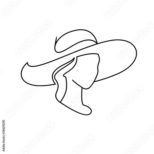 simple woman wearing a floppy sun hat straw hat line outline vector illustration design isolated white background