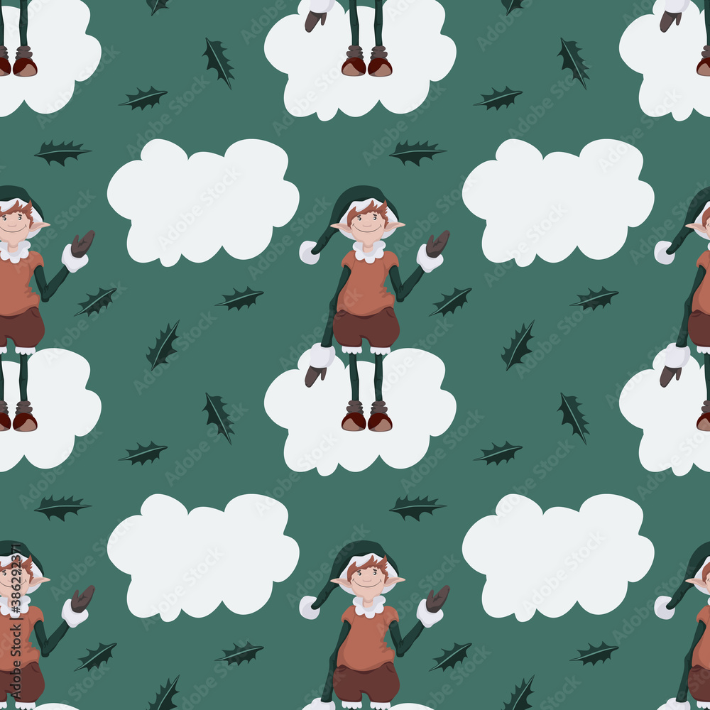Vector seamless pattern with christmas elf standing on a white bubble and holly leaves on green background Vector seamless pattern with christmas elf standing on a white bubble and holly leaves on green background