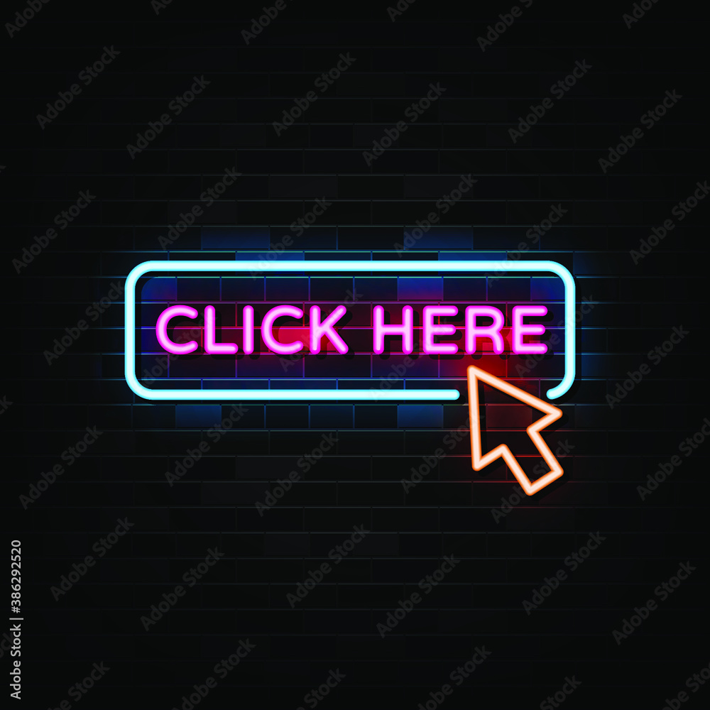 Click here neon sign vector. Design template neon sign Click here neon sign vector. Design template neon sign