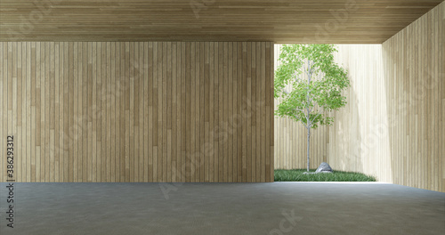 Fototapeta Naklejka Na Ścianę i Meble -  Modern loft style indoor area with plank wall 3d render, There are concrete floor behind the wooden wall is a tropical garden courtyard.