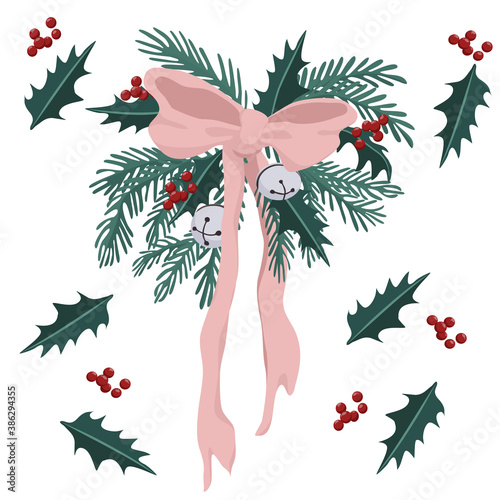 Christmas wreath with holly and bells and ribbon vector elements