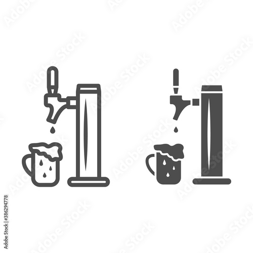 Beer tap with full mug with foam line and solid icon, Oktoberfest concept, pub equipment sign on white background, beer pump for bar icon in outline style for mobile and web design. Vector graphics.