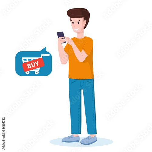 Vector illustration: man makes a purchase on the phone. Online shopping.