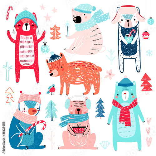 Cute Bears in winter clothes. Childish characters - Christmas theme.