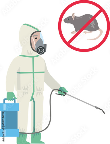 A disinfectant in special clothing and with equipment carries out disinfection processing. A rat crossed out in red in a circle. Flat infographics. Vector illustration..