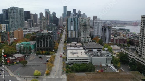 Birdseye aerial view of Belltown, Elliott Bay, Seattle with few people downtown, in the commercial district of Seattle, Washington during the pandemic photo