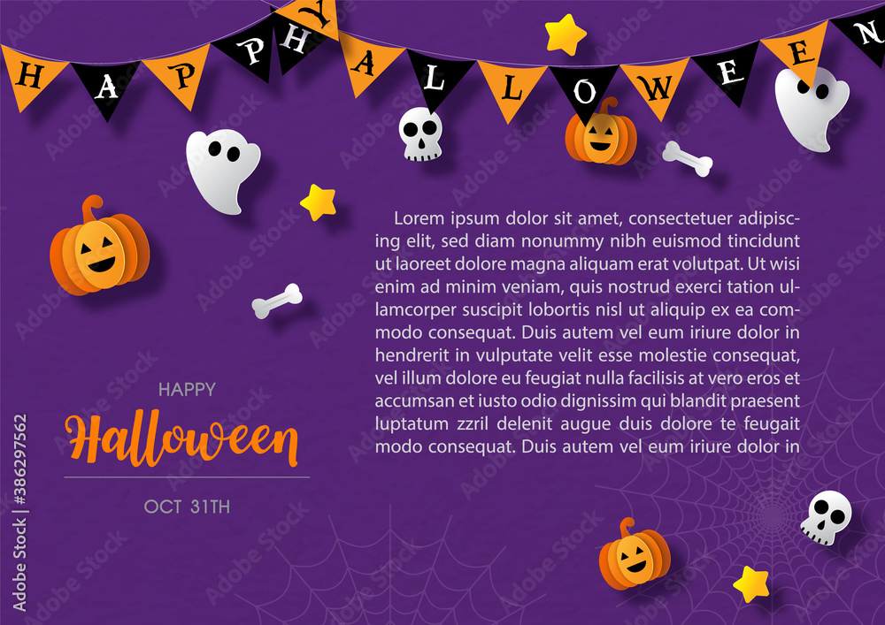 Halloween triangle flags with cute signs and symbols of Halloween days in paper cut style, example text on purple paper pattern background. Halloween triangle flags with cute signs and symbols of Halloween days in paper cut style, example text on purple paper pattern background.