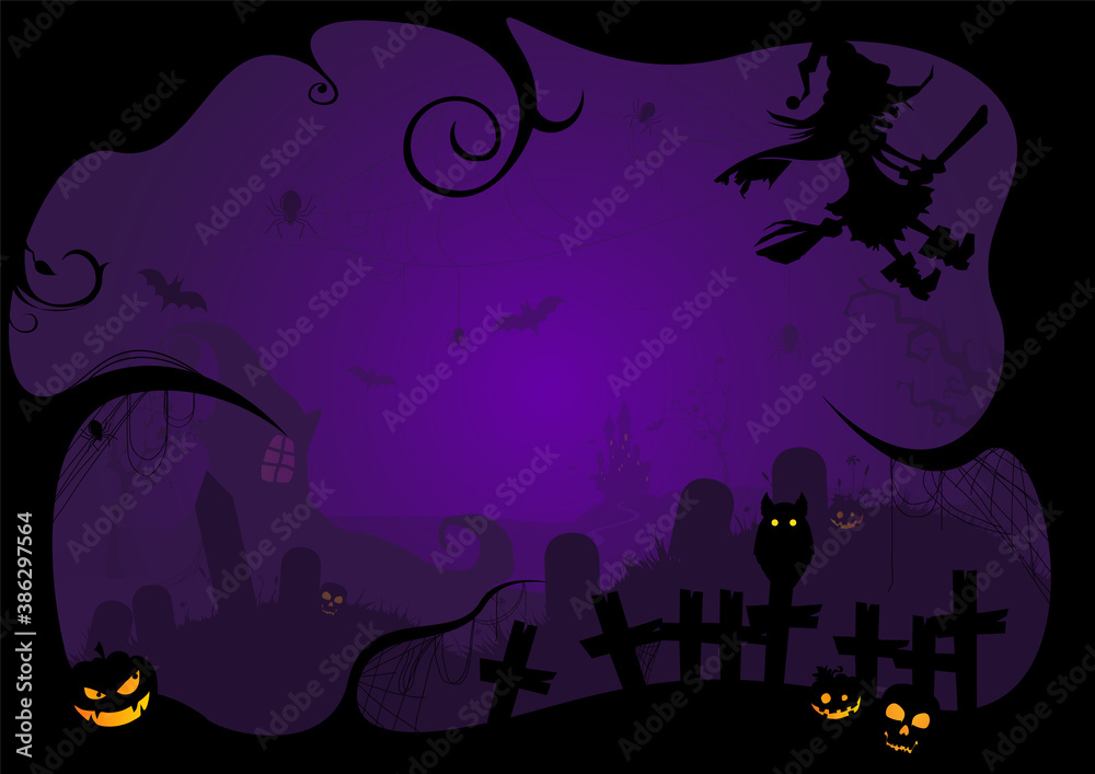 Greeting card and poster Black silhouette of Halloween day horror night scene purple background.