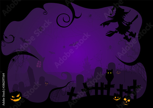 Greeting card and poster Black silhouette of Halloween day horror night scene purple background.