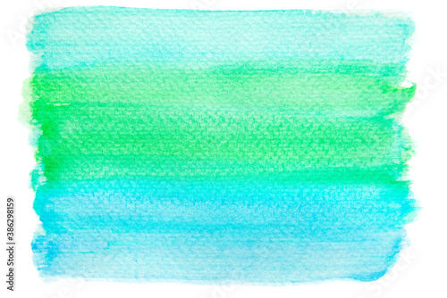 Brush texture of watercolor painting wallpaper. Hand painted green and blue watercolor on white background.