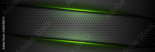 Futuristic perforated technology abstract background with green neon glowing lines. Vector concept banner design © saicle