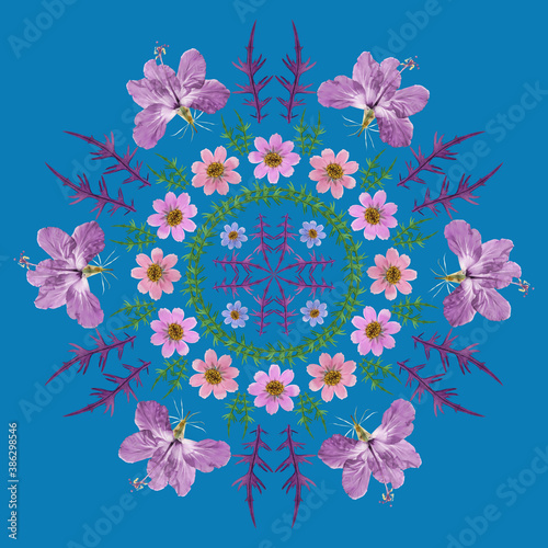 Mandala from dried pressed flowers  petals. Hibiscus  cosmos. Mandala is symbol of buddhism  hinduism  yoga. Ornament mandala with pattern floral elements in oriental style for relax and meditation