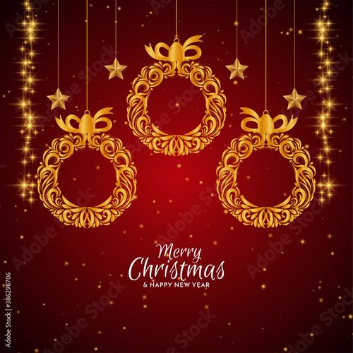 Merry Christmas red background with golden Christmas balls