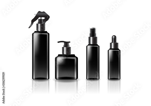4 black heads/sizes black square cosmetic bottle mockup template.
