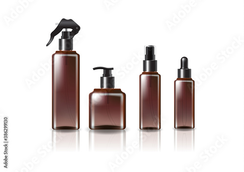 4 black heads/sizes brown square cosmetic bottle mockup template.