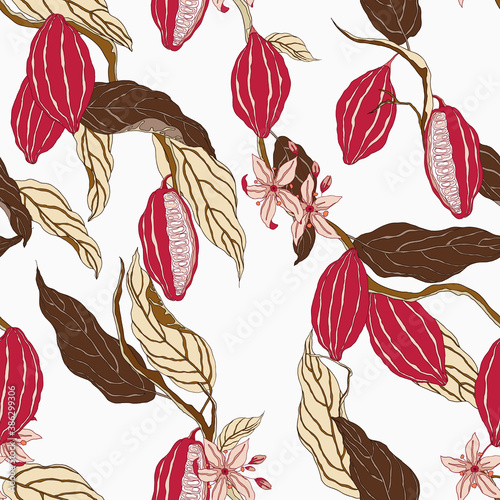 Plant seamless pattern, hand drawn line art cocoa tree on bright grey