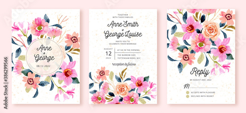 wedding invitation suite with pink peach flower garden watercolor