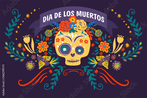 Dia de los muertos, skull decorated with flowers