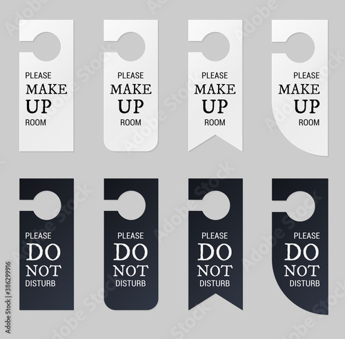 Door hangers for hotel room. Set of white and black label hanger with text for hotel or resort. Template, mockup with text Do not disturb and Make up room. Vector illustration for promotion, sale